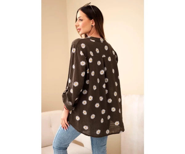 Lniana damska bluzka w kwiaty z długim rękawem i guzikami brązowa-3
