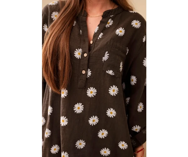 Lniana damska bluzka w kwiaty z długim rękawem i guzikami brązowa-4