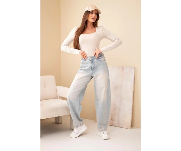 Bluzka damska basic z kwadratowym dekoltem i długim rękawem beżowa-2