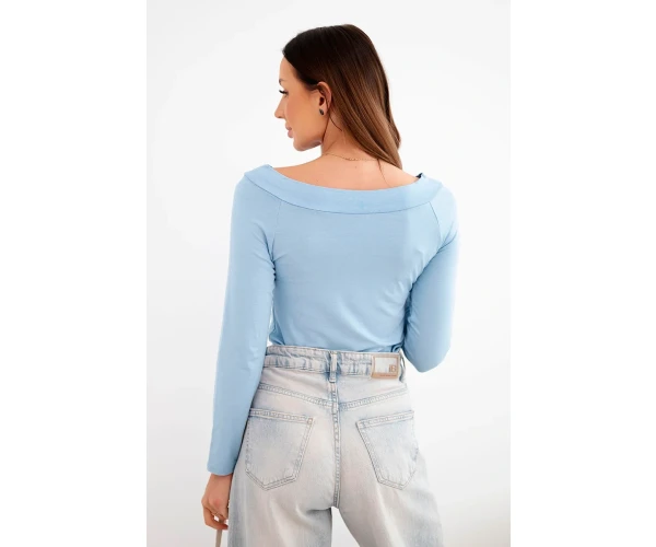 Bluzka damska wiskozowa z szerokim dekoltem i długim rękawem niebieska-3