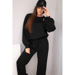 Komplet damski masełko bluza z broszką i spodnie z prostą nogawką czarny-1