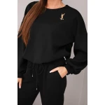 Komplet damski masełko bluza z broszką i spodnie z prostą nogawką czarny-2