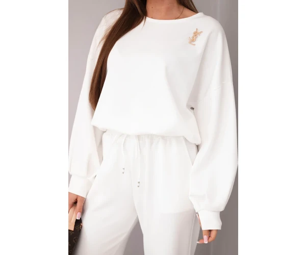 Komplet damski masełko bluza z broszką i spodnie z prostą nogawką ecru-2