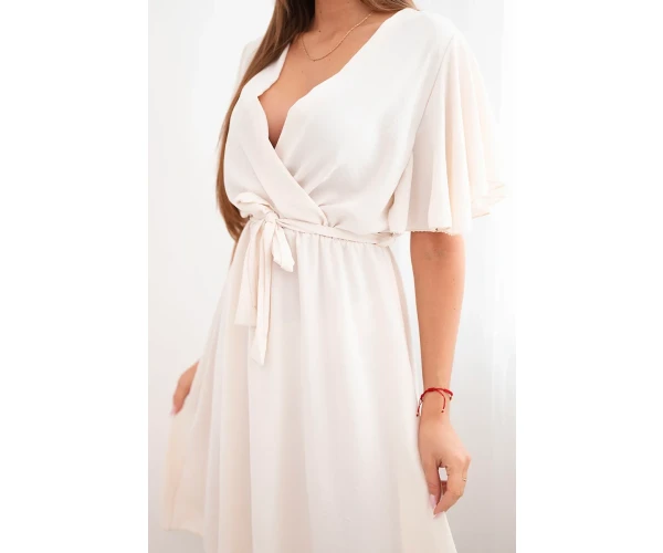 Sukienka z przekładanym dekoltem jasno beżowa-4