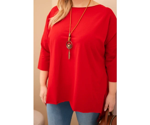 Bluzka damska bawełniana Plus Size asymetryczna z naszyjnikiem czerwona-2