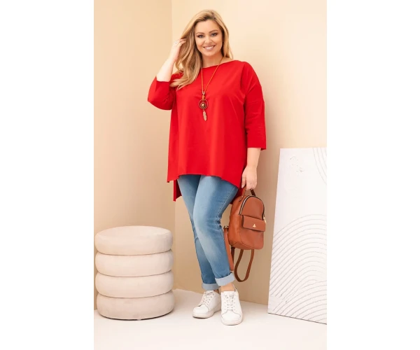 Bluzka damska bawełniana Plus Size asymetryczna z naszyjnikiem czerwona-3