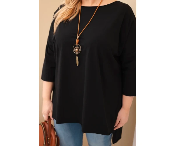 Bluzka damska bawełniana Plus Size asymetryczna z naszyjnikiem czarna-2
