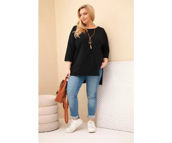 Bluzka damska bawełniana Plus Size asymetryczna z naszyjnikiem czarna-3
