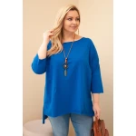 Bluzka damska bawełniana Plus Size asymetryczna z naszyjnikiem chabrowa-1