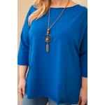 Bluzka damska bawełniana Plus Size asymetryczna z naszyjnikiem chabrowa-2
