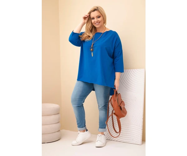 Bluzka damska bawełniana Plus Size asymetryczna z naszyjnikiem chabrowa-3