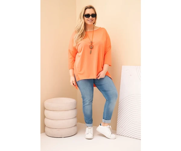 Bluzka damska bawełniana Plus Size asymetryczna z naszyjnikiem morelowa-3