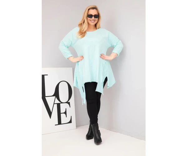 Bluzka damska bawełniana Plus Size z asymetrycznym dołem i wycięciami miętowa-2