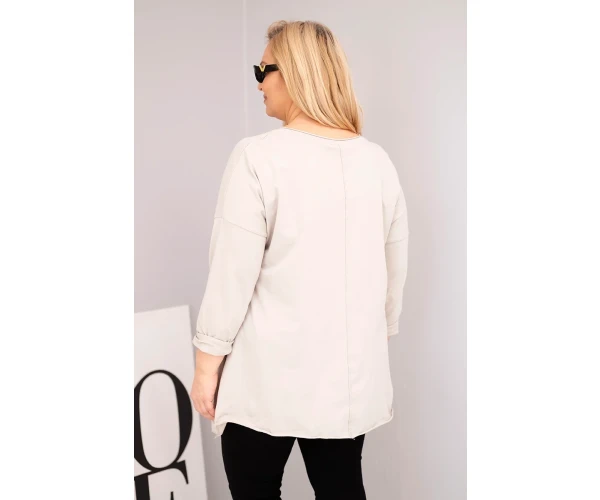 Bluzka damska bawełniana Plus Size z asymetrycznym dołem i wycięciami beżowa-3