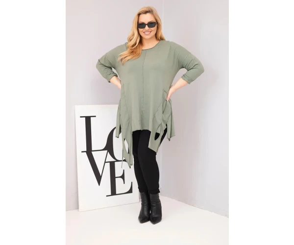 Bluzka damska bawełniana Plus Size z asymetrycznym dołem i wycięciami khaki-2