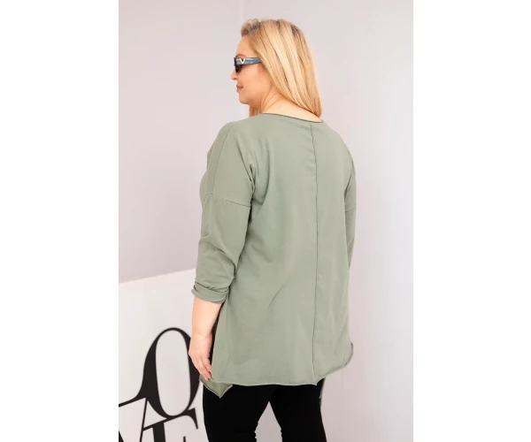 Bluzka damska bawełniana Plus Size z asymetrycznym dołem i wycięciami khaki-3