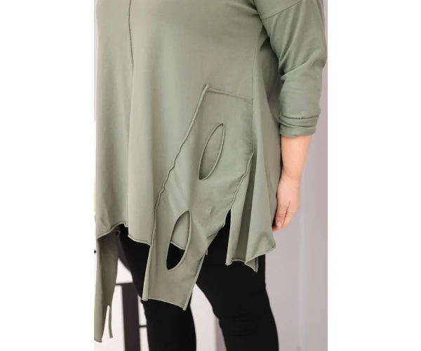 Bluzka damska bawełniana Plus Size z asymetrycznym dołem i wycięciami khaki-4