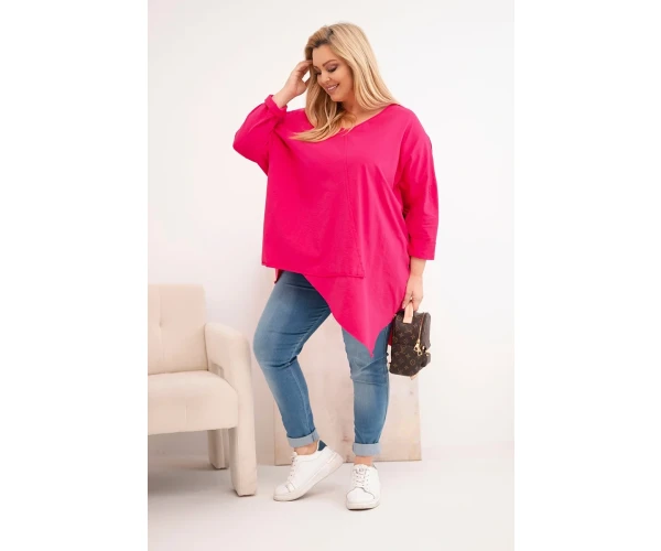 Bluzka damska bawełniana Plus Size z asymetrycznym dołem i dekoltem V fuksja-2