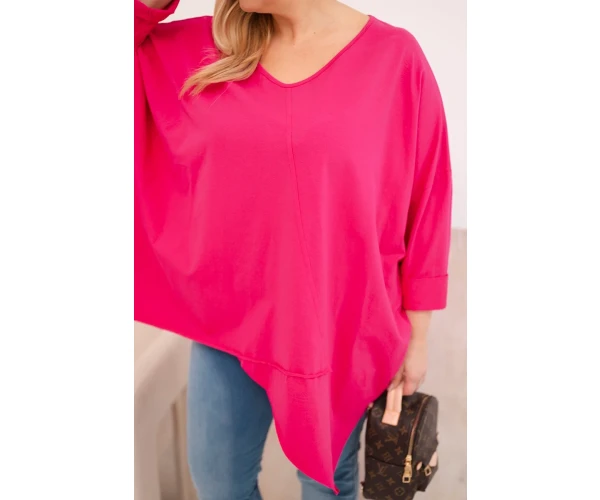 Bluzka damska bawełniana Plus Size z asymetrycznym dołem i dekoltem V fuksja-4