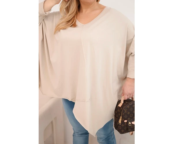 Bluzka damska bawełniana Plus Size z asymetrycznym dołem i dekoltem V beżowa-4
