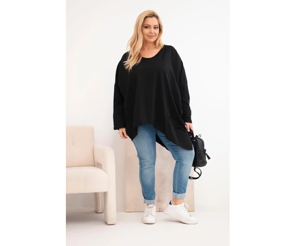Bluzka damska bawełniana Plus Size z asymetrycznym dołem i dekoltem V czarna-2