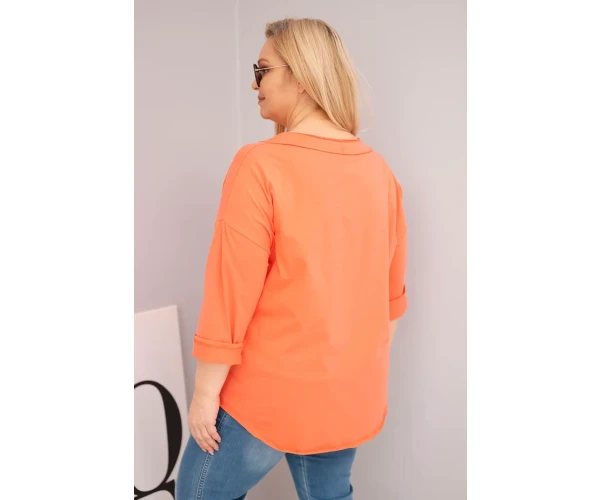 Bluzka damska bawełniana Plus Size z głębokim dekoltem V i asymetrycznym dołem morelowa-3