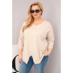 Bluzka damska bawełniana Plus Size z głębokim dekoltem V i asymetrycznym dołem beżowa-1