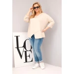Bluzka damska bawełniana Plus Size z głębokim dekoltem V i asymetrycznym dołem beżowa-2