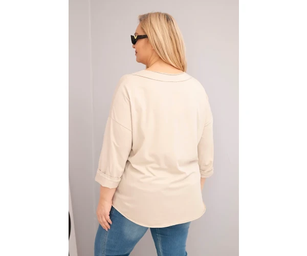Bluzka damska bawełniana Plus Size z głębokim dekoltem V i asymetrycznym dołem beżowa-3