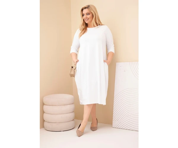 Sukienka damska bawełniana Plus Size z podwijanym rękawem i kieszeniami biała-2