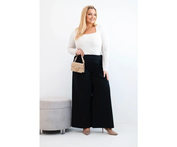 Spodnie damskie Plus Size z szerokimi nogawkami i plisowaniem czarne-2