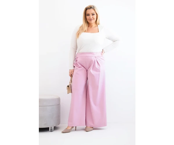 Spodnie damskie Plus Size z szerokimi nogawkami i plisowaniem jasno fioletowe-2