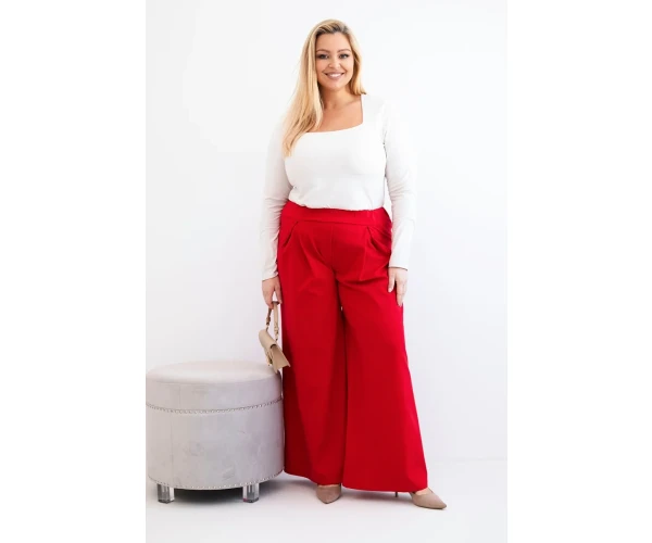 Spodnie damskie Plus Size z szerokimi nogawkami i plisowaniem czerwone-2