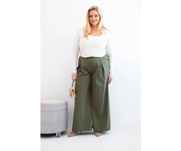 Spodnie damskie Plus Size z szerokimi nogawkami i plisowaniem khaki-2