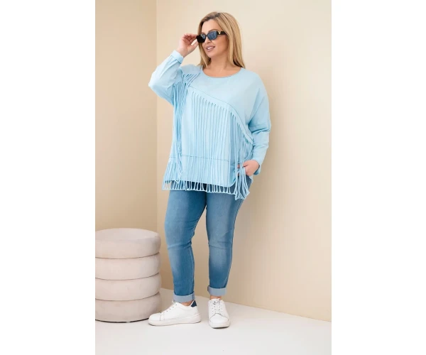 Bluzka damska bawełniana Plus Size z frędzlami niebieska-3