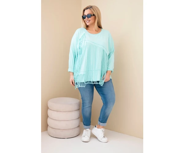Bluzka damska bawełniana Plus Size z frędzlami miętowa-3