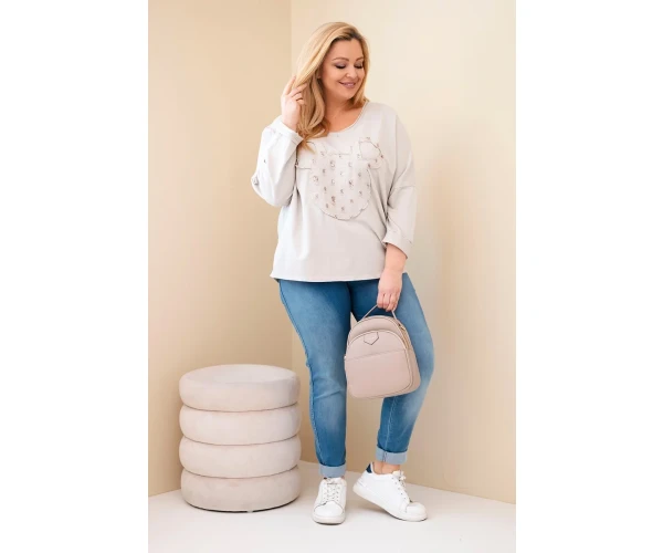 Bluzka damska bawełniana Plus Size z dekoltem V beżowa-3