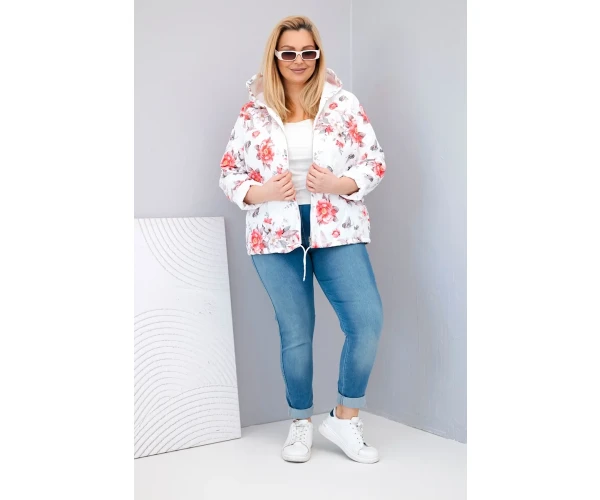 Kurtka damska wiosenna pikowana Plus Size z kapturem i kwiatowym wzorem biała-2