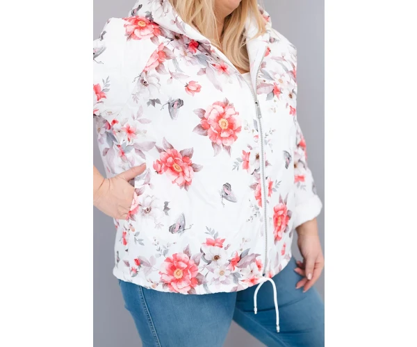Kurtka damska wiosenna pikowana Plus Size z kapturem i kwiatowym wzorem biała-4