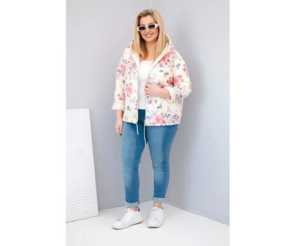 Kurtka damska wiosenna pikowana Plus Size z kapturem i kwiatowym wzorem żółta-2