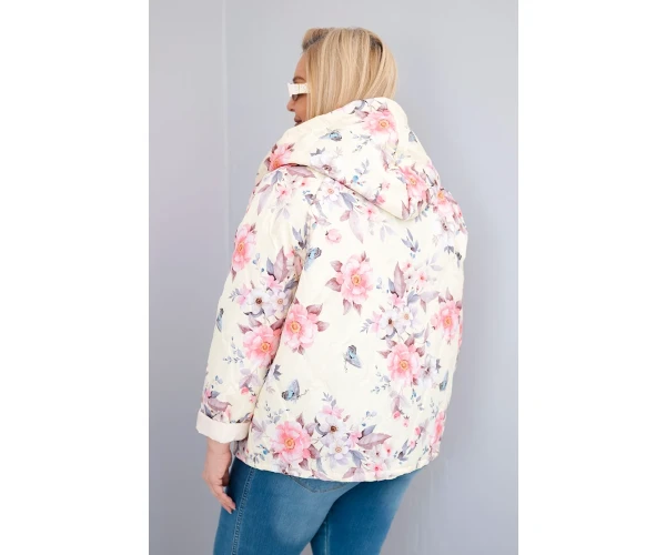 Kurtka damska wiosenna pikowana Plus Size z kapturem i kwiatowym wzorem żółta-3
