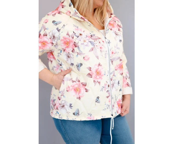 Kurtka damska wiosenna pikowana Plus Size z kapturem i kwiatowym wzorem żółta-4