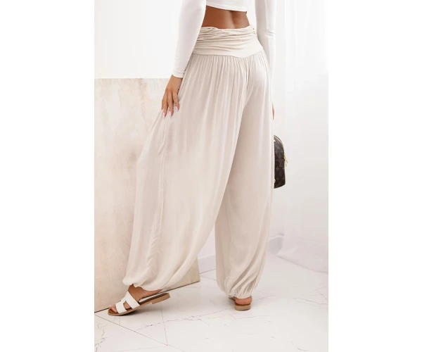 Spodnie damskie wiskozowe z szeroką nogawką i marszczeniami beżowe-2
