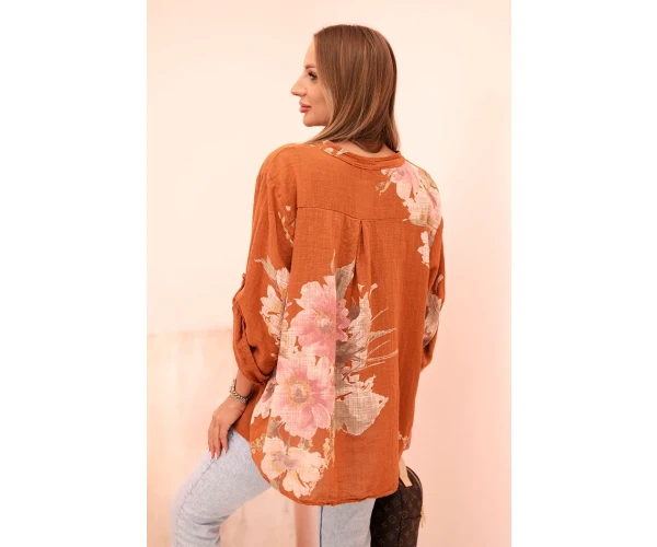 Bluzka damska z bawełny z kwiatowym wzorem i guzikami ruda-3