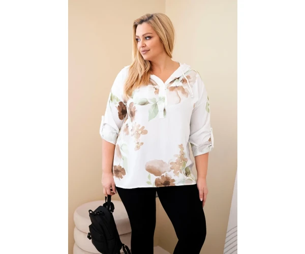 Bluzka damska Plus Size z wiskozy z kapturem i kwiatowym wzorem biała-2