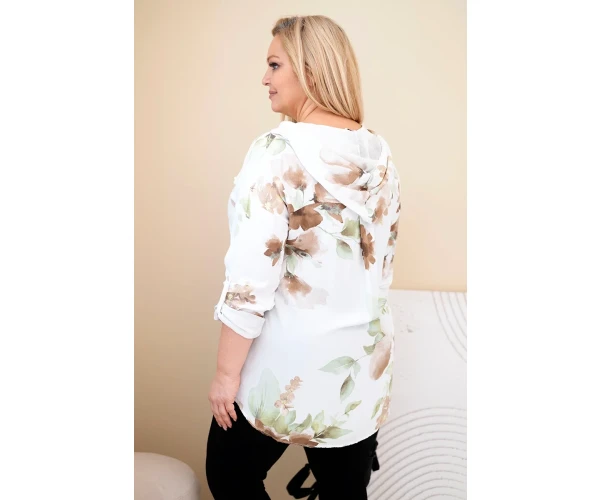Bluzka damska Plus Size z wiskozy z kapturem i kwiatowym wzorem biała-3