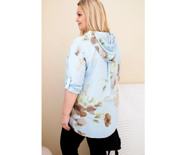 Bluzka damska Plus Size z wiskozy z kapturem i kwiatowym wzorem niebieska-3