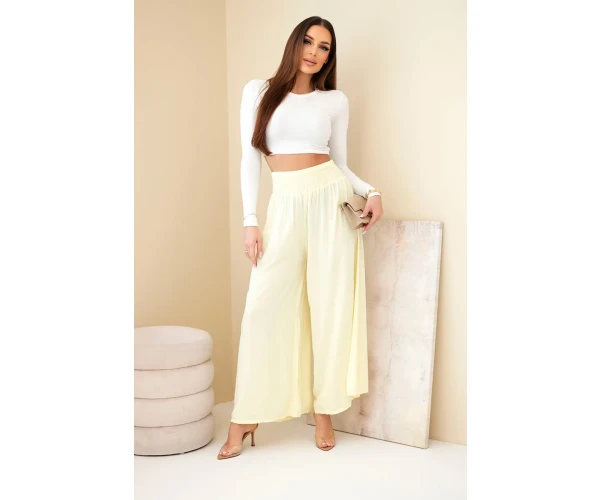 Spodnie damskie wiskozowe z elastycznym pasem żółte-2