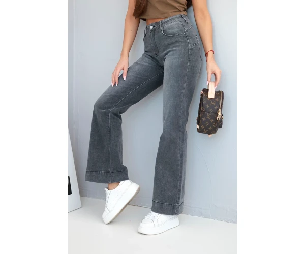 Spodnie damskie jeansowe z prostą nogawką i wysokim stanem grafitowe-2
