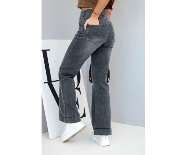 Spodnie damskie jeansowe z prostą nogawką i wysokim stanem grafitowe-4